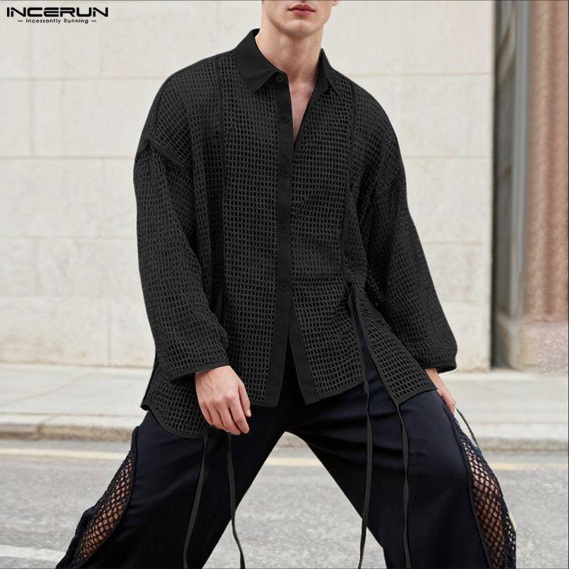 INCERUN Men Lapel Neck Long Sleeve Hollow Out Fishnet Mesh Sheer Beach Shirts Tops 