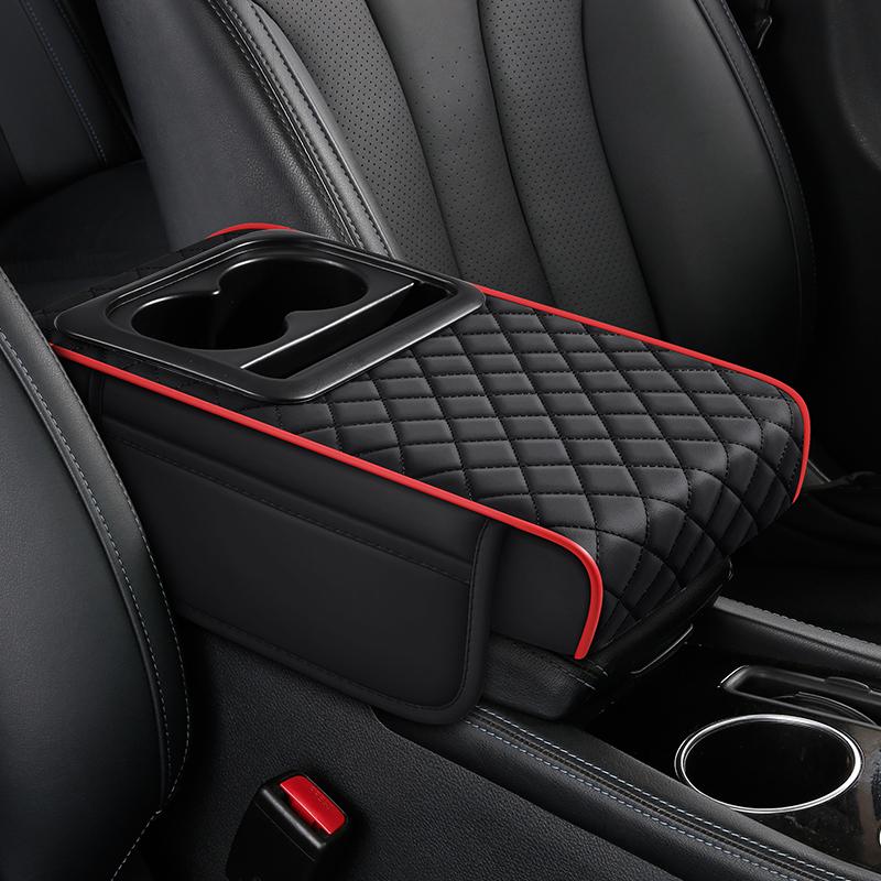 Multifunctional Car Armrest Box Booster Pad, High-Quality Pu Leather, with Double Cup Holder, Side Storage Bag, Mobile Phone Storage, Essent