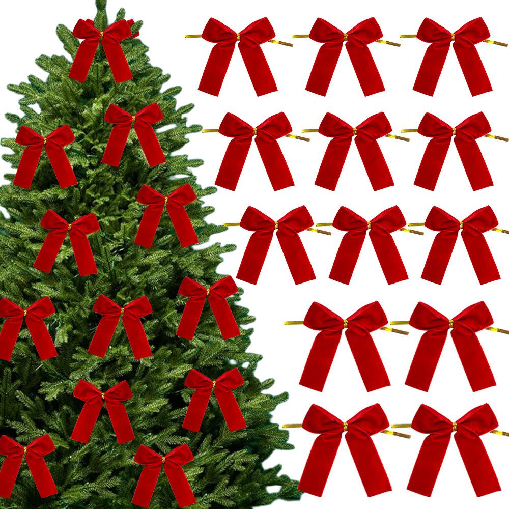 12Pcs Christmas Bow Red Gold Mini Xmas Tree Velvet Bowknot For Home Decoration Wedding Decor Navidad New Year Party DIY