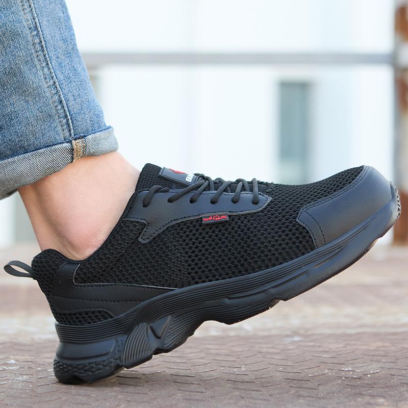 Men's Summer Breathable Mesh Safety Shoes with Plastic Toe Cap Anti Slip Industrial Work Sneakers Black