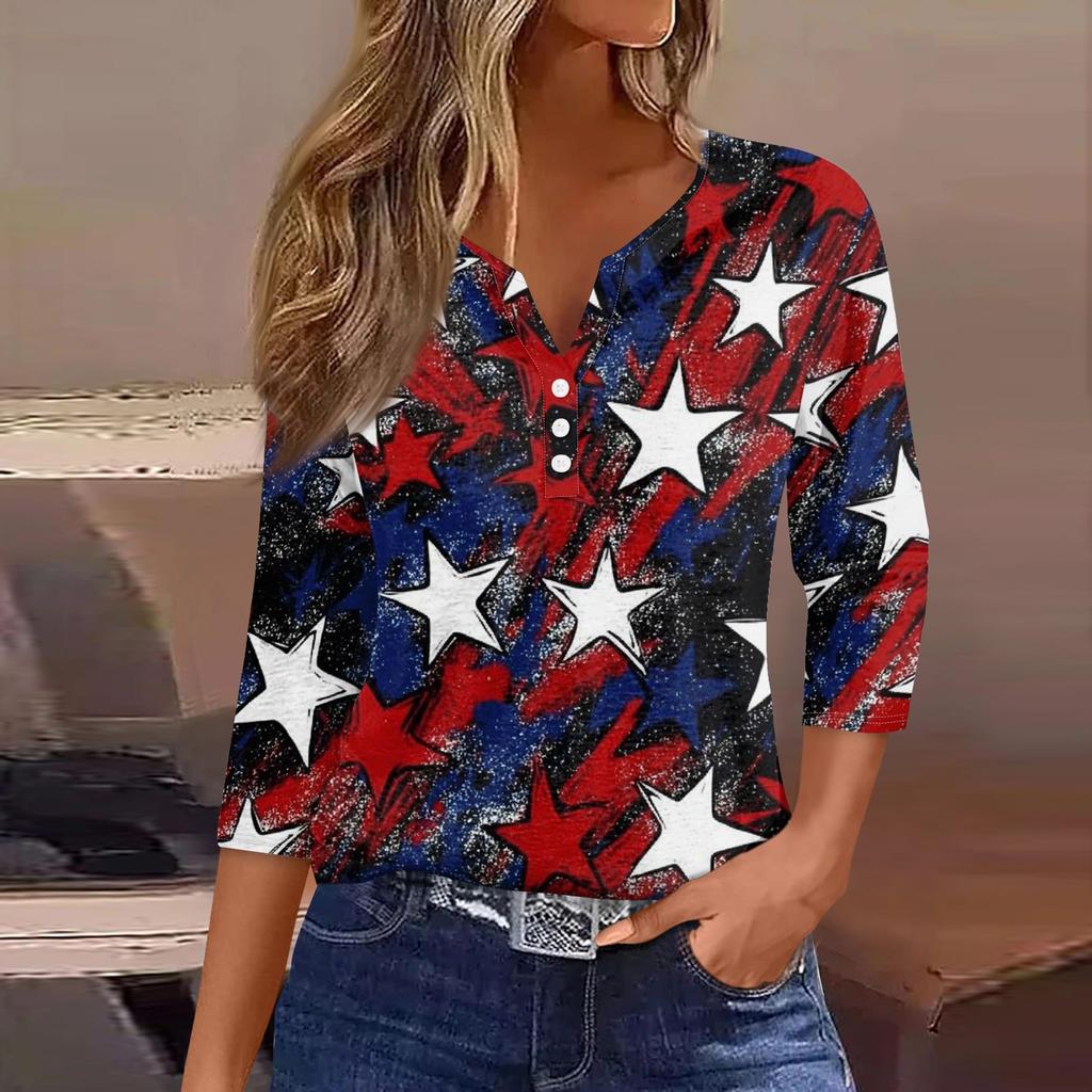 T-skjorte for kvinner T-skjorte med knapp 3/4 ermer Daglig helgmote Basic V-hals vanlig topp