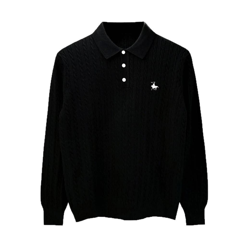 Men's High-End Retro Cable Knit Slim Fit Polo Sweater - Minimalist Long Sleeve Lapel Style