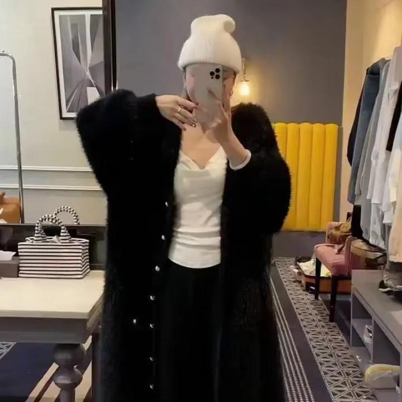 Pearl Buckle Design Sense Long Knee Mink Velvet Jacket Korean Lazy Desire Outside with High-end Coat Women