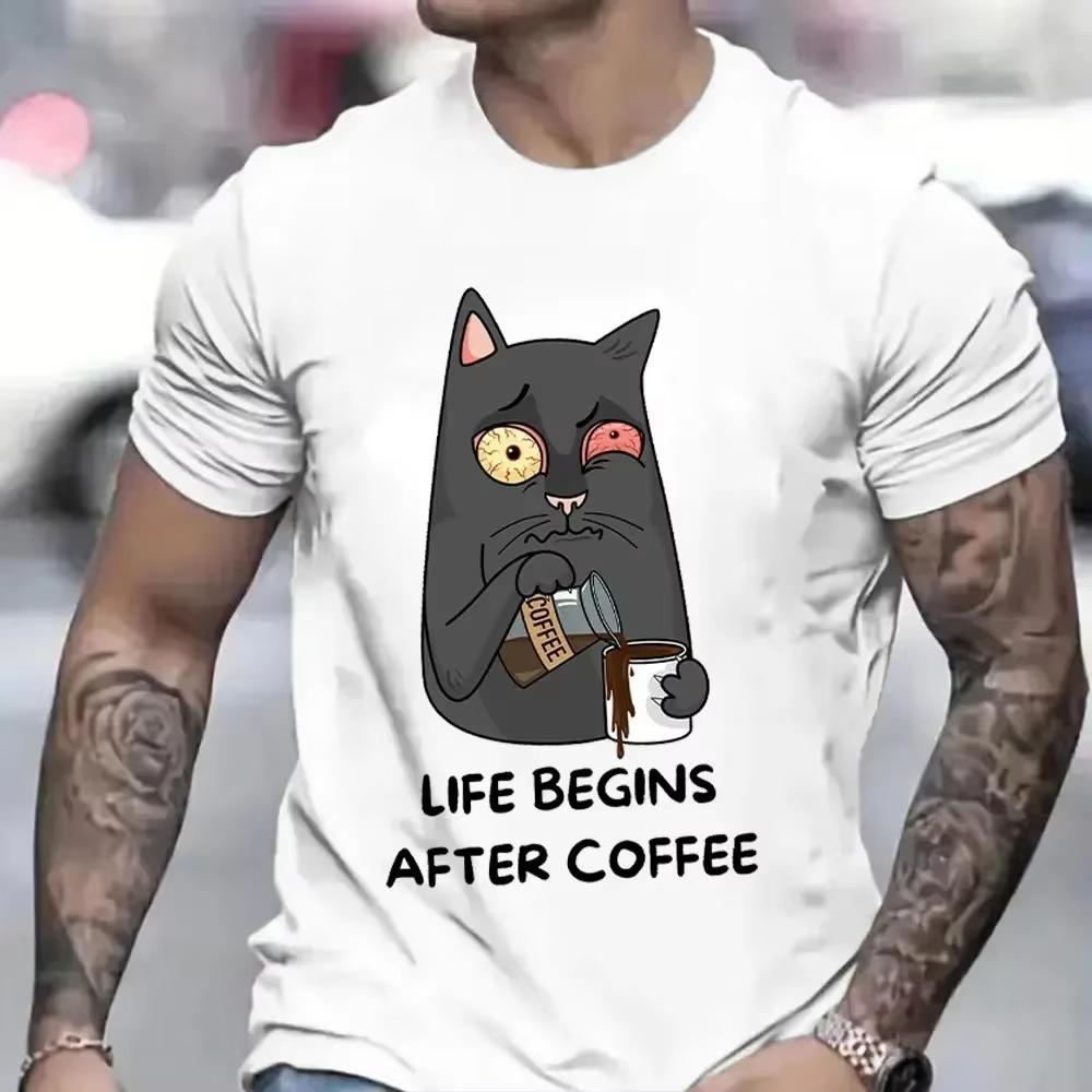 Life Begins After Coffee Vintage T-shirt Funny First Coffee Men T Shirt New Trend Tee Tshirt Coffee Cat Lover Men Women Tee Tops