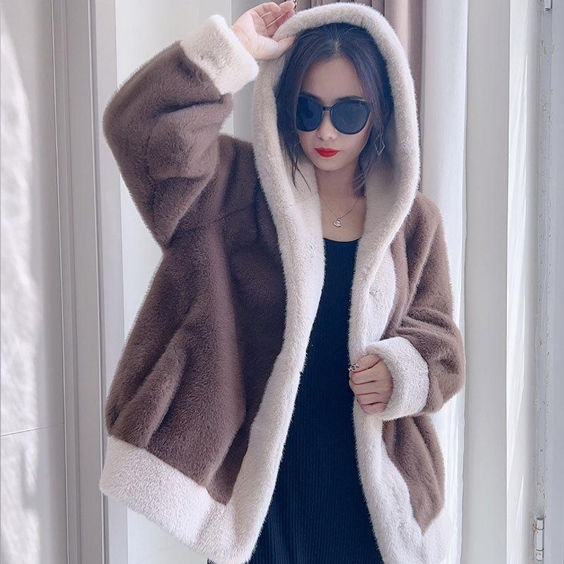 Kapuzenjacke aus kontrastfarbenem Nerz-Fleece-Pelzimitat für Damen mit integriertem, lockerem, dickem, warmem, langärmeligem Pelzmantel