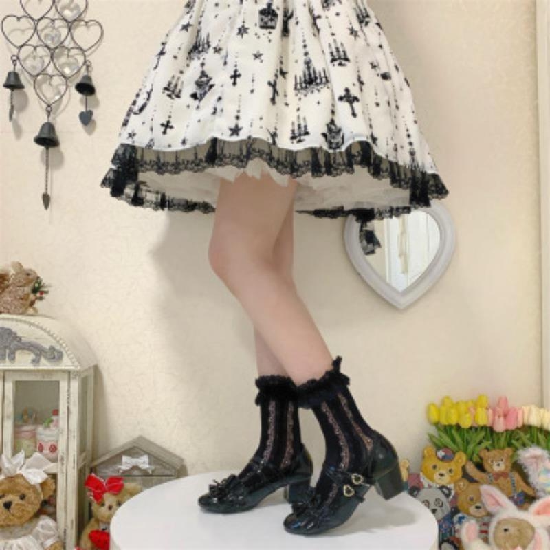 Female Spring and Summer Thin Model Bow Hollow Lace Lace In The Tube Stack Socks