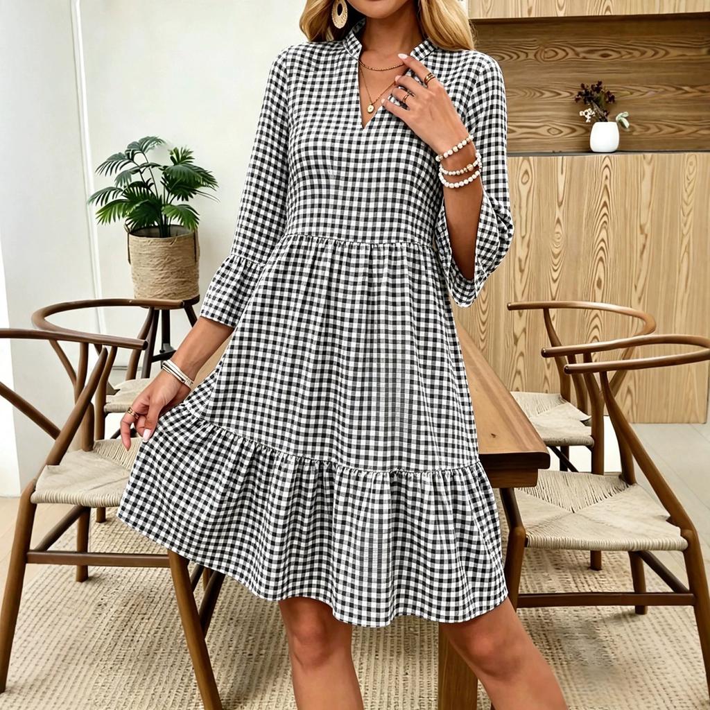 Women's V Neck Plaid Flared Sleeve Loose Fit Pullover Bohemian Vacation Dress Mid Length Casual Summer Dress