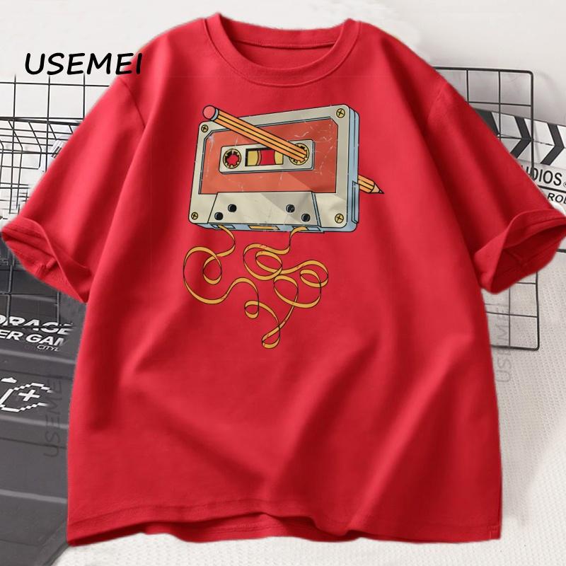 80s 90s Cassette Tape Pencil T Shirt Music Retro TShirt Casual Short Sleeve Unisex Women Vintage Tshirt Round Neck Unisexs Clothing S