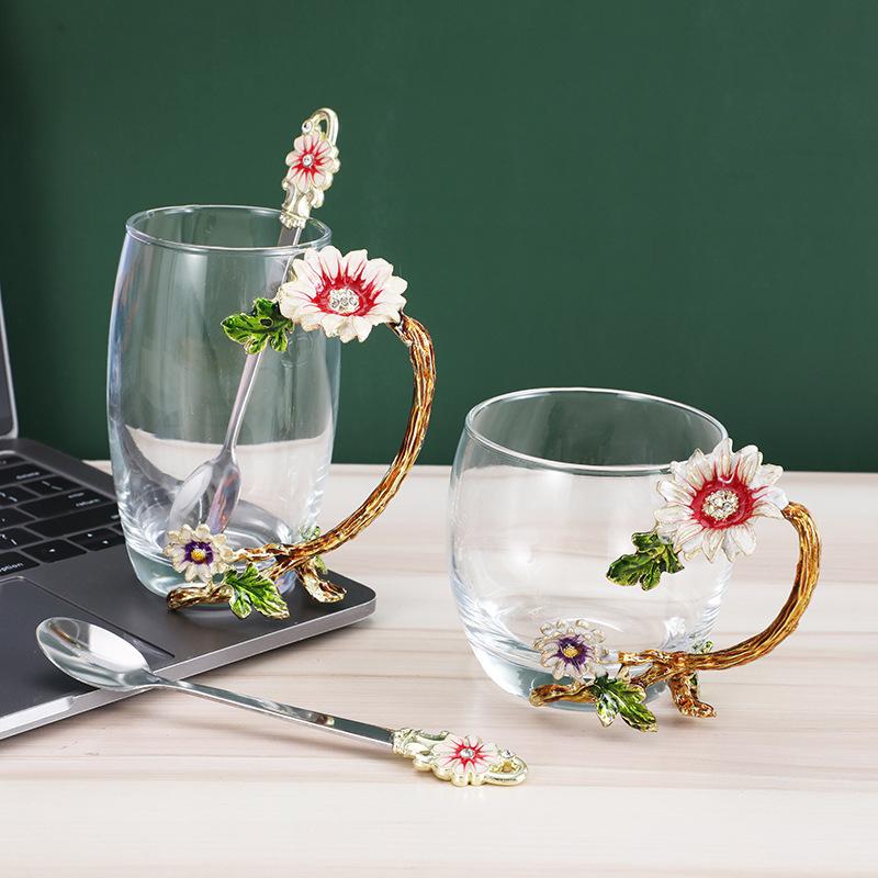 Creative Enamel Water Cup Spoon Set Home Luxury Glass Cup with Spoon with Lid Tea Cup Gift Box