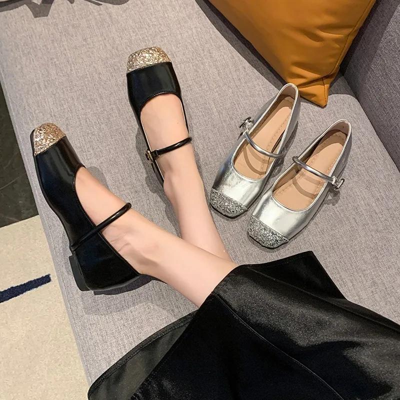 High Quality Women's Shoes Spring and Autumn Fashion Square Toe Shallow Mouth Sequin One-Word Buckle Women's Flat Shoes