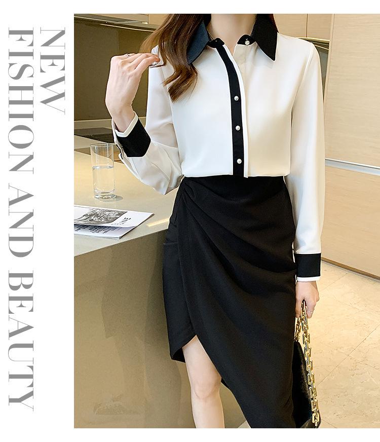 2026 Spring Korean Style Silk Color Block Long Sleeve Women's Fashion Shirt