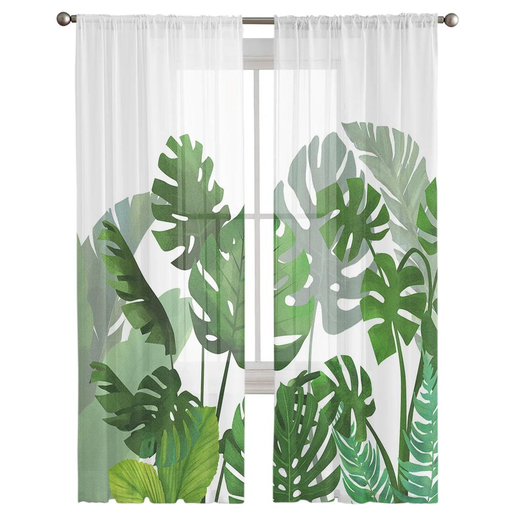 Luxury Tropical Plants Monstera Palm Leaves Curtains Living Room Printed Tulle Window Curtain Home Balcony Decor Drapes With Sheer Polyester Perfect