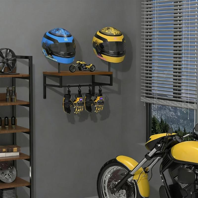 Robusto Supporto a Parete per Casco Costruzione in Legno Massiccio Staffa Multifunzionale per Esposizione di Attrezzature da Motociclismo e Attrezzature Sportive