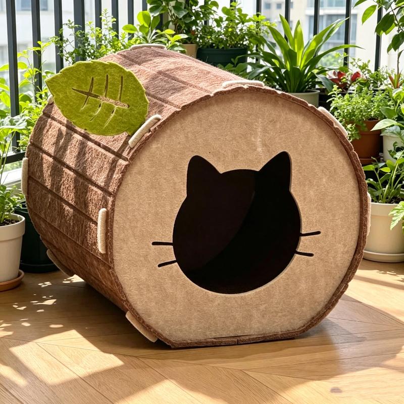 Tree Stump Cat Cave Bed Washable Soft Felt Warm Interior for Small Cats Puppies Indoor Sleeping Rest one size
