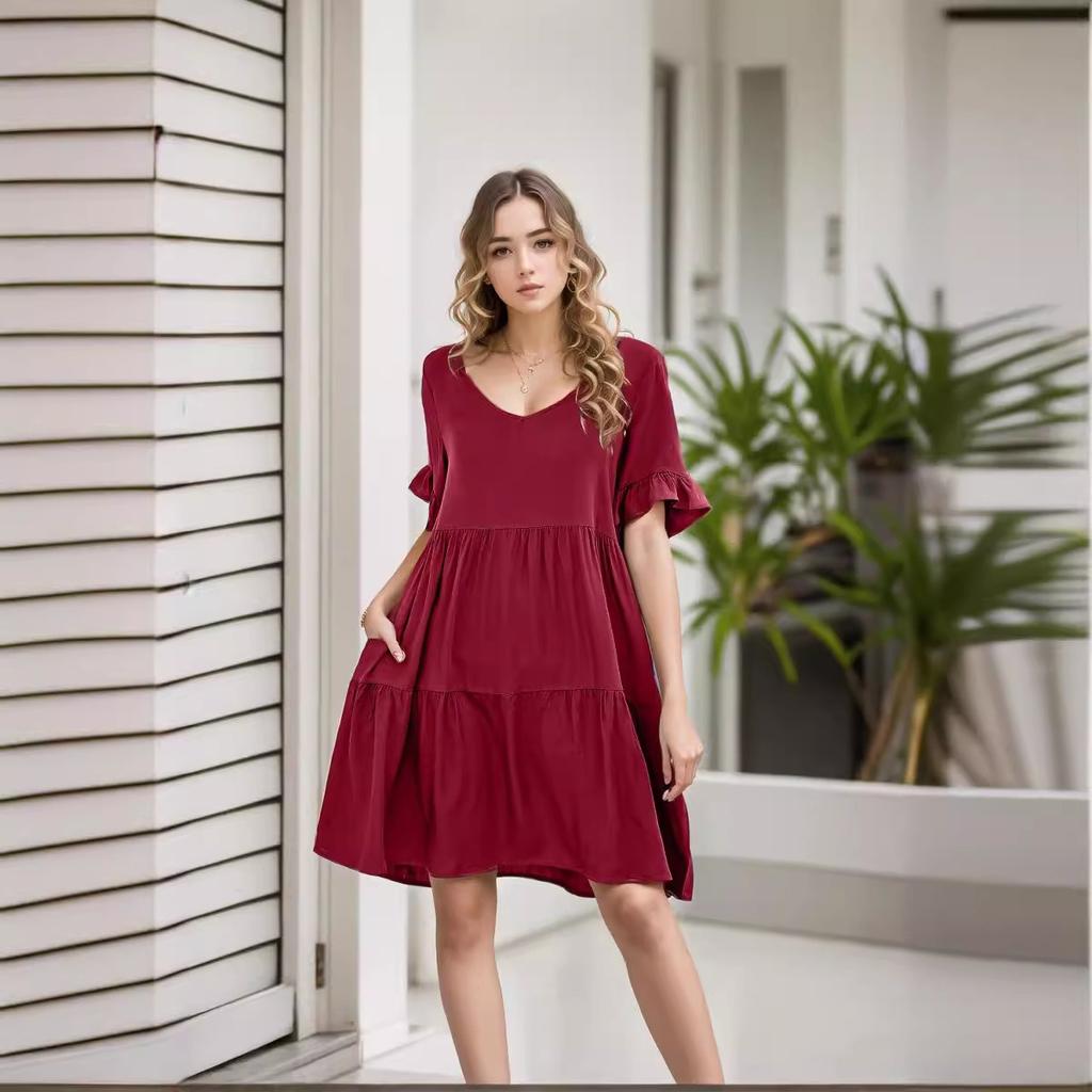 Summer Women's Casual V-Neck Ruffled Babydoll Dress, European American Style Fashion Ladies Dress
