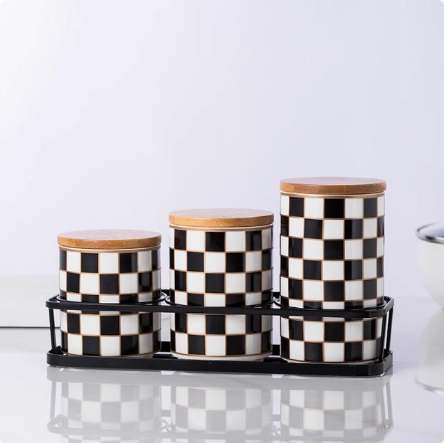 Kitchen Organizer and Storage Container, Ceramic Storage Jar, Wooden Lid, Sealed Jar, Food Storage Containers, Metal Rack