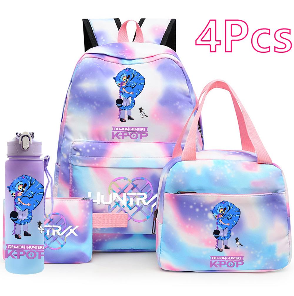 4Pcs/set K-Pop Demon Hunters Printed Backpack Handbag Pencil Case 750Ml Water Bottler for Teenager Boy Girl Large Capacity Waterproof Schoolbag