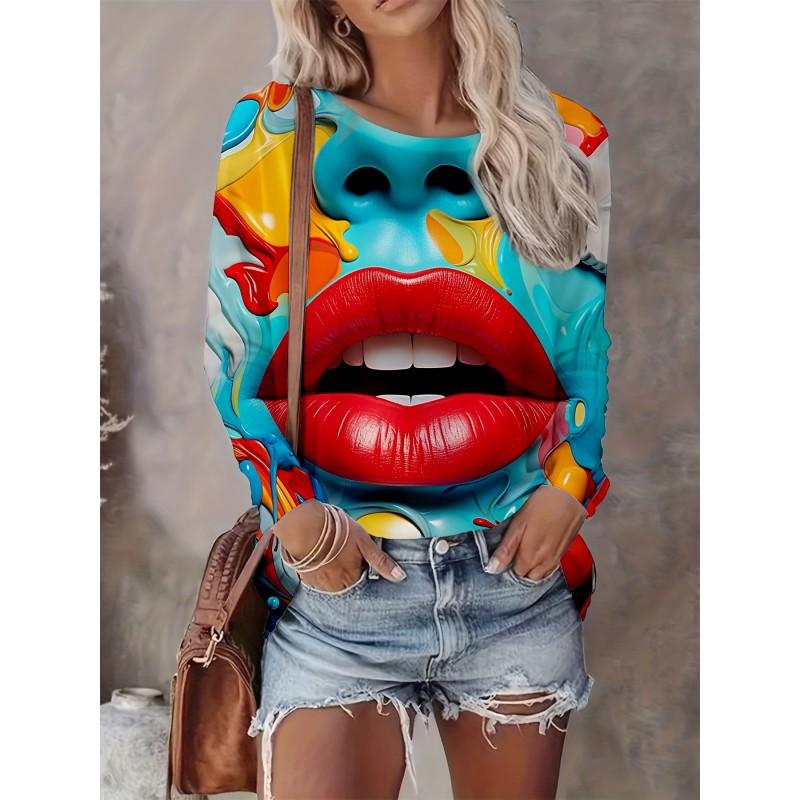 Abstract Tie-Dye 3D Digital Print Loose Fit Womens Crew Neck Long Sleeve T-Shirt Casual Comfort Top