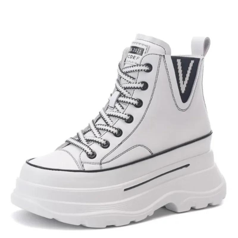 Fashion High quality 7CM White Platform Wedge Sneakers Chunky Shoes Genuine Leather Combat Boots Women Ankle Boots Spring Autumn Booties