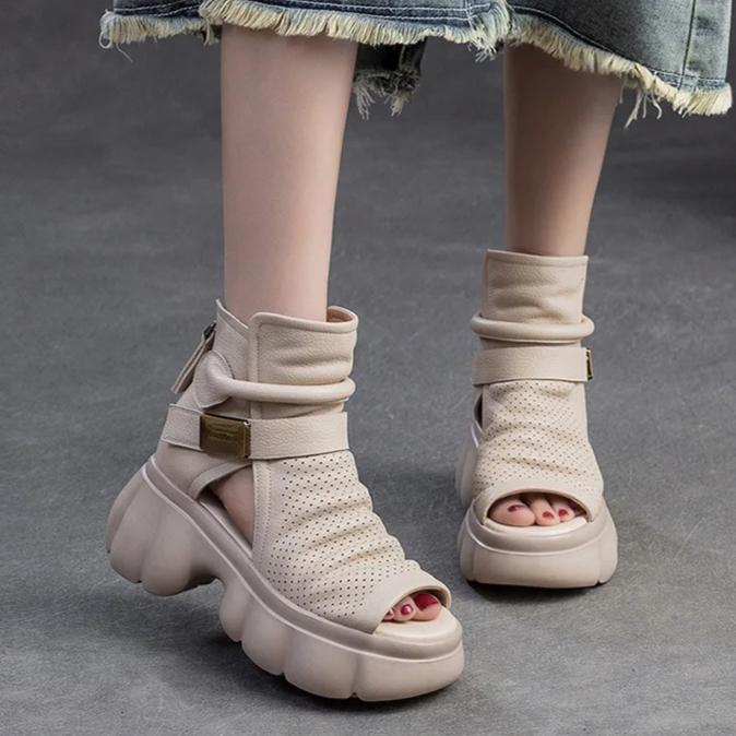 Johnature Thick Sole Height Increasing Retro Hollow-out Peep Toe Roman Sandals Versatile Women's Platform Shoes