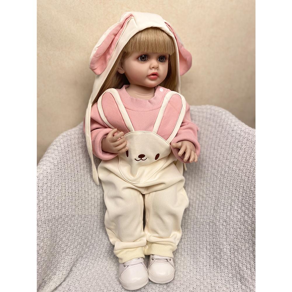 

Полностью силиконовые виниловые куклы Мэдди, 22-дюймовая кукла с длинными волосами для детского подарка, милые розовые куклы-реборн с кроликом 55cm