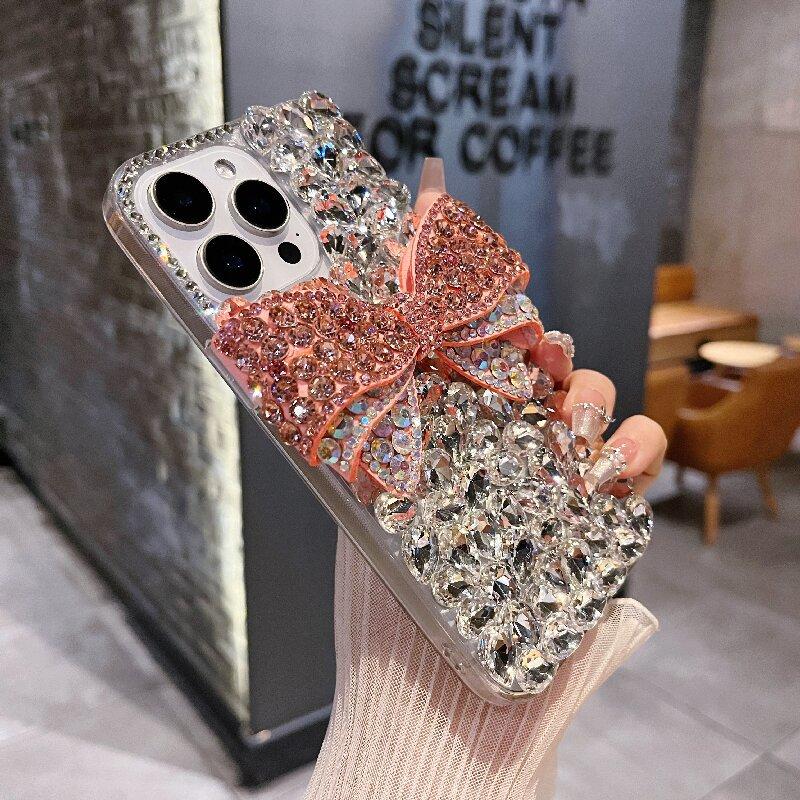 Luxurious Full Diamond Three-dimensional Bow Suitable for Apple 16promax Mobile Phone Case Ipnoe15 Gem 14 13 Women 17