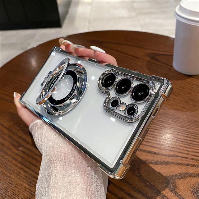 For Samsung S25 S24 S23 Ultra Luxury Holder Stand Plating Frame Transparent Phone Case For Samsung Galaxy S22 Plus A16 A53 Cover