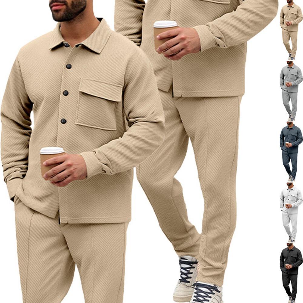 Men's Slim Fit Cardigan Jacket Single-breasted Pocket Long Sleeved Sportswear Elegant Two-Piece Set with Long Pants