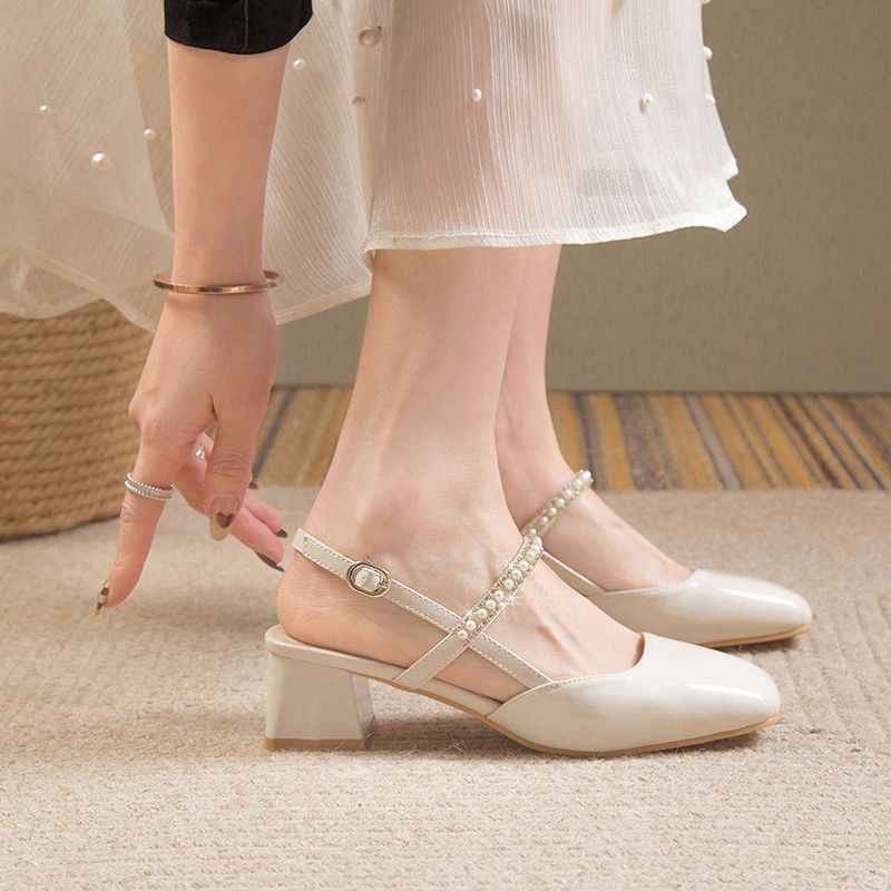 Baotou single shoes pearl chain year spring and summer air rear high heel sandals pure thick heel square head