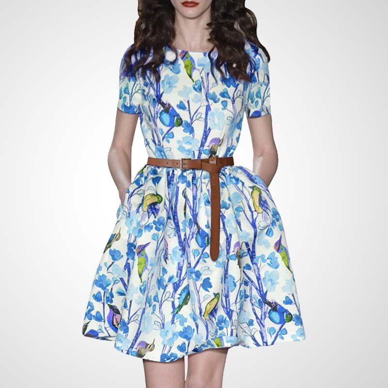 

Fashion Print Summer Short Sleeve Mid-Waist Slim Fit Dress Light blue Print M