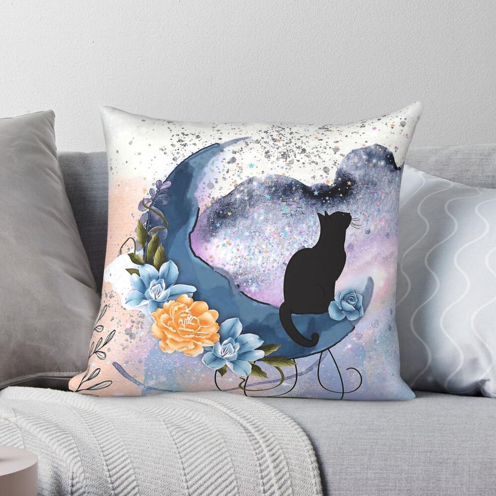 Cat On The Moon Square Pillowcase Polyester Linen Velvet Creative Zip Decorative Bed Cushion Cover