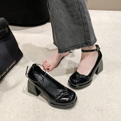 Fashion New Sweet Bowknot Strap Buckle High Heels Mary Jane Shoes Women Fashion Platform Pumps Woman French Square Toe Party Pumps