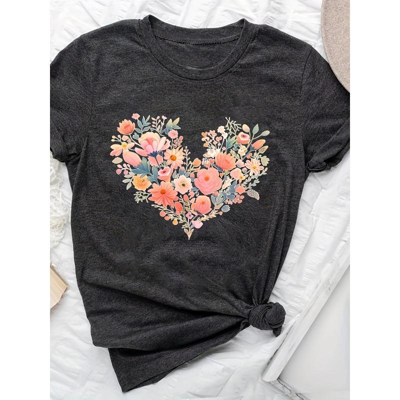 Womens Heart Shaped Floral Print Tee Crew Neck Short Sleeve Vibrant Semi Sheer Soft Machine Washable All Season Spring Summer Casual Top
