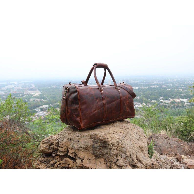 Buffalo Leather Duffle Bag: Handmade Burgundy Weekender Holdall