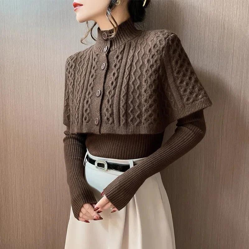 Temperament Cape Knit Two Piece Set Women Fashion V Neck Long Sleeve Pullover Sweater Stand Collar Knit Cardigan Shawl Suits