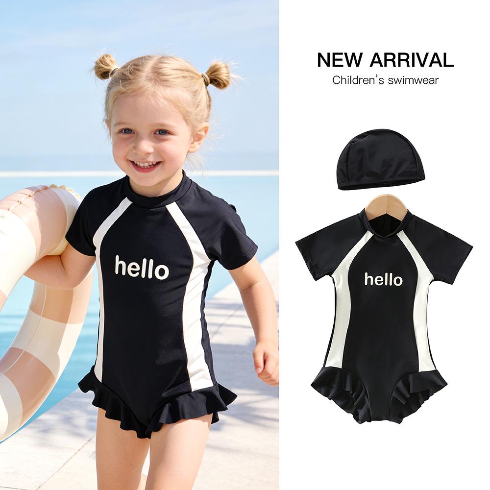 In Stock: New Girls' Quick-Drying Short Sleeve One-Piece Swimsuit with Sun Protection