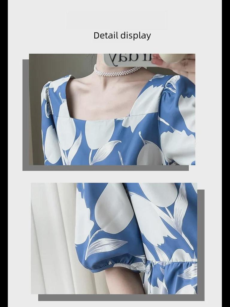 2023 French-Style Summer Mid-Length High-End Printed Puff Sleeve Dress for Women
