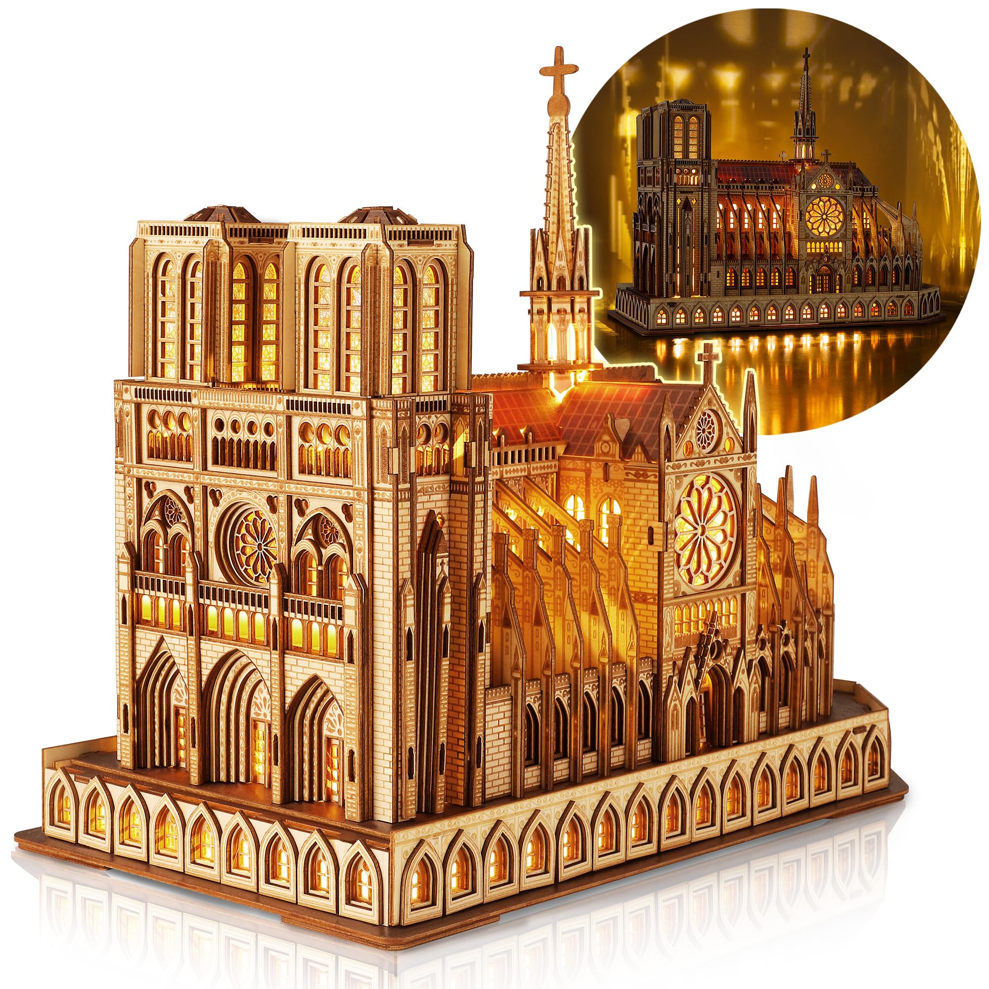 FUNPOLA LED 3D Puzzle Wooden Puzzle Assembly Kit 3D Puzzle Notre Dame Cathedral Architectural Model with LED Lighting DIY Craft Kit Building Set DIY M