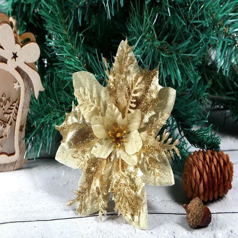 5pcs 14cm Glitter Artificial Christmas Flowers Xmas Tree Ornaments Merry Christmas Decorations for Home New Year Gift