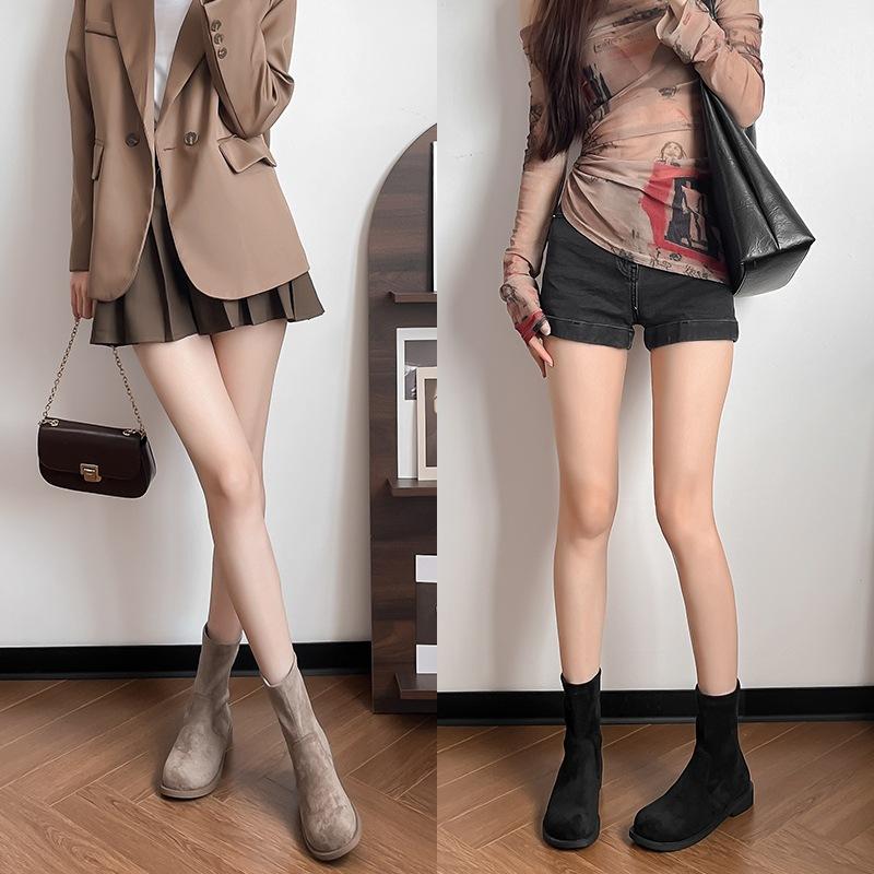 British style round head rear zipper short boots women's retro versatile low-heeled Martin boots autumn and winter suede summer thin boots