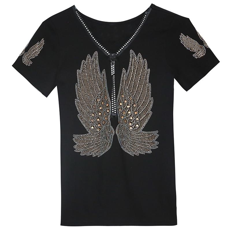 Streetwear Hip Hop Short Sleeve Wing T Shirt Women V Neck Zipper Sexy Diamonds Casual Tees Femme Diamonds Cotton Girl T-shirt Tops