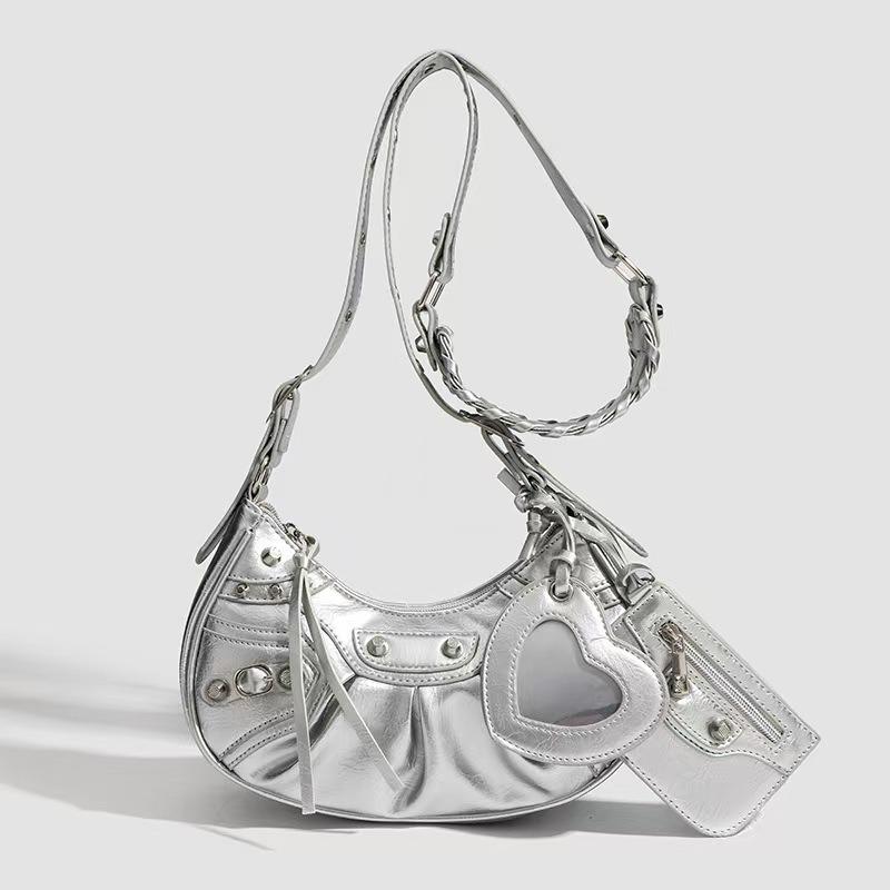Hot Girl Stil Umhängetasche mit Riemen für die Achsel, Einzel-Schultertasche, Handtasche in Halbmondform silber