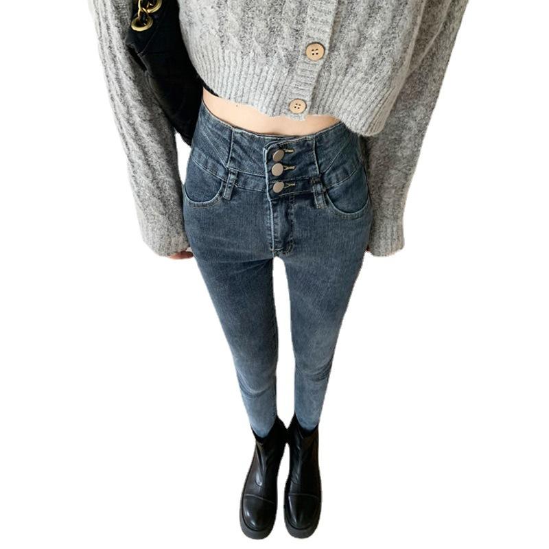 Super high-waisted jeans women's three-button belly nine-point autumn and winter elastic, slim and thin, small feet, pencil pants