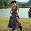 Women's V Neck Spaghetti Strap Maxi Dress Slim Fit Elastic Waist Boho Printed Cutout Side Slit Vacation Beach Dress