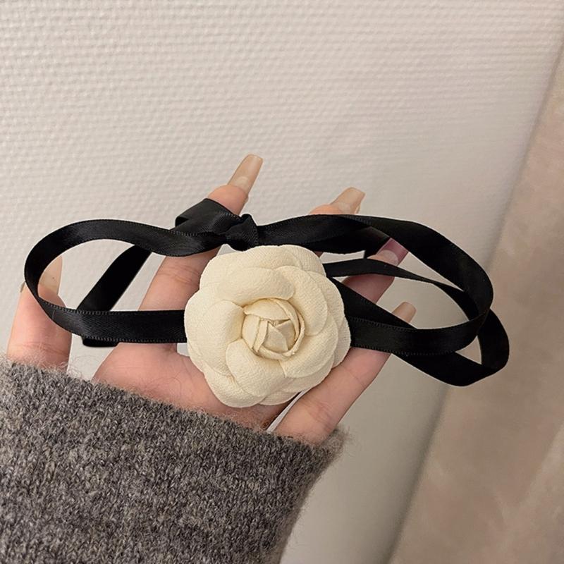 White Flower Collar Bowknot Necklace Chain Temperament Polyester Ribbon Necklace Choker for Women Festival Jewelry