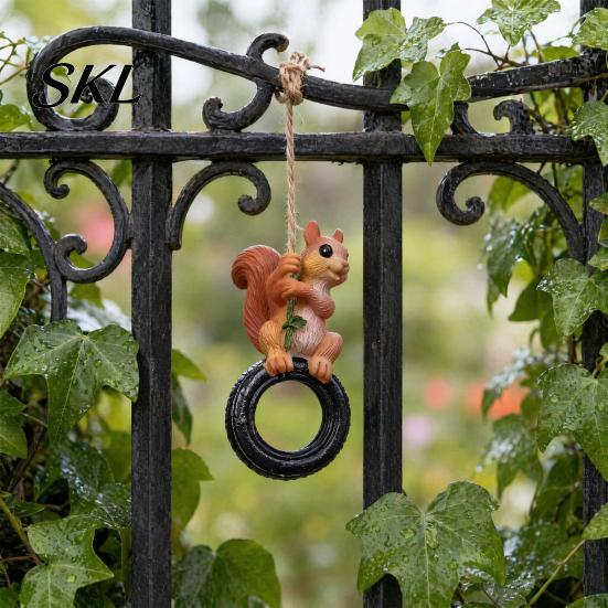 Durable Resin Patio Ornament Squirrel On Tire Outdoor Hanging Ornament, Realistic Figurine for Weather Resistant Statue Garden Tree Decoration,