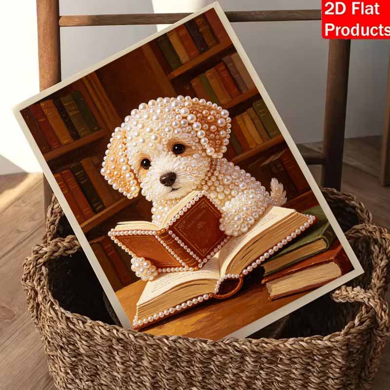 Dieses Perlenmalerei-Set zeigt einen niedlichen Welpen, der ein Buch liest, 5D-Perlen und einen Mosaik-Kunststil. für die Wanddekoration zu Hause konzipiert.