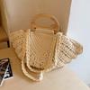 Casual Shell Shape Crochet Woven Bag Large Capacity Boho Wooden Handle Shoulder Bag Handmade Solid Color Underarm Bag Beach