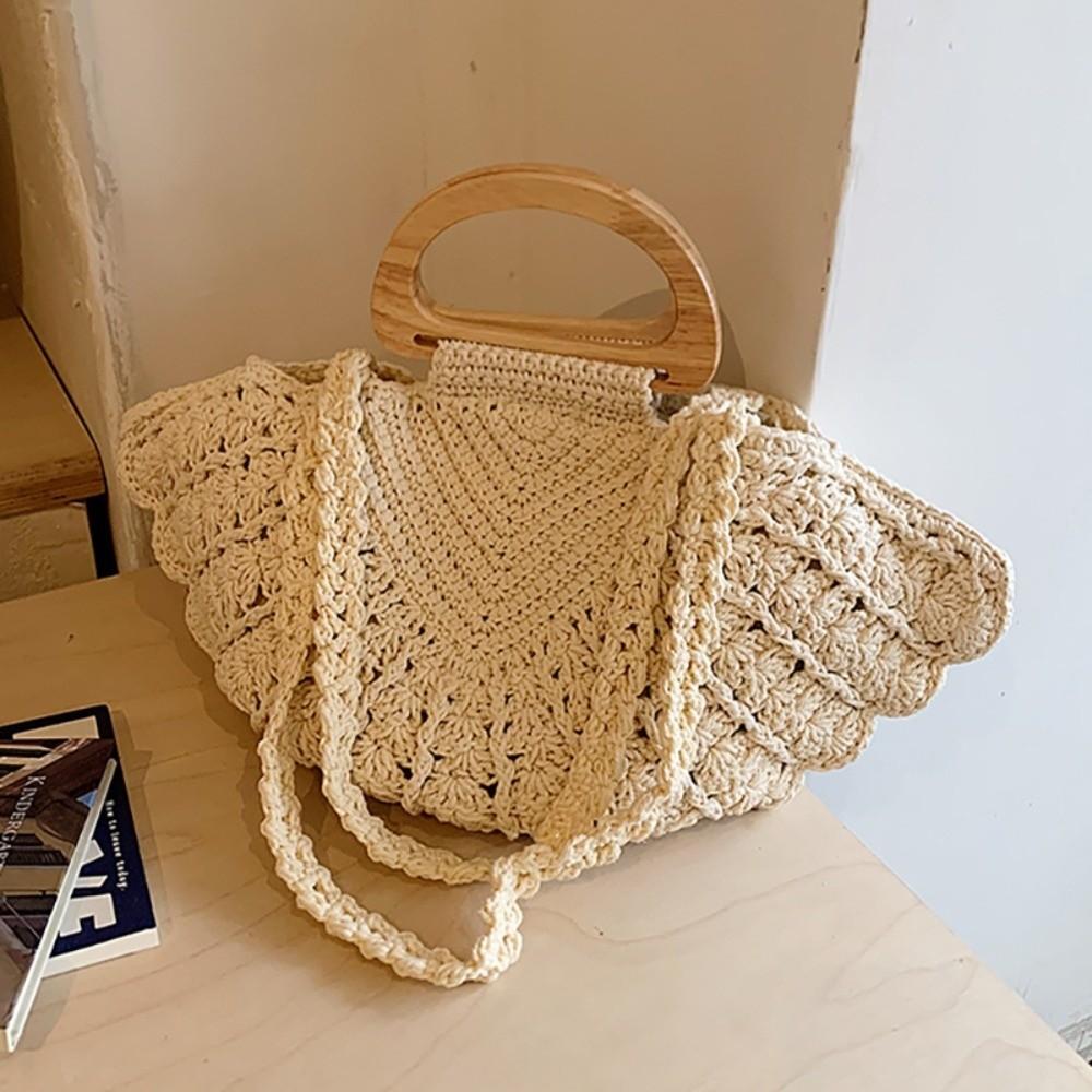 Casual Shell Shape Crochet Woven Bag Large Capacity Boho Wooden Handle Shoulder Bag Handmade Solid Color Underarm Bag Beach