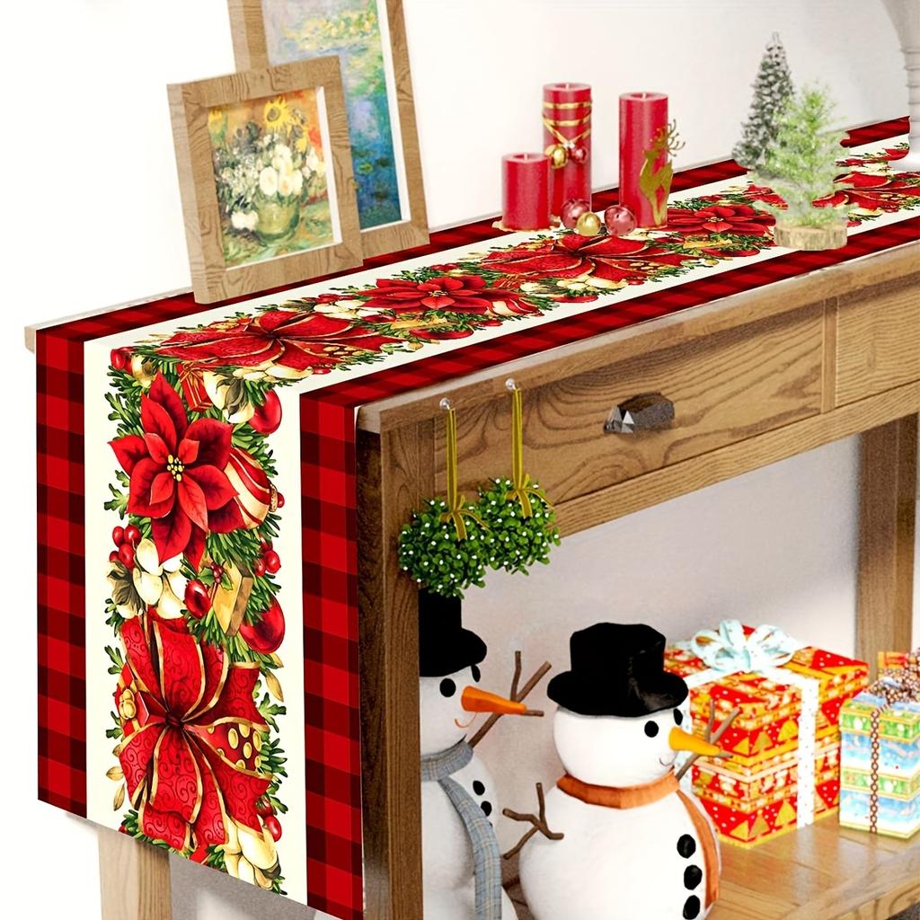 Christmas Poinsettia Flowers Linen Table Runner Holiday Party Decor Winter Xmas Kitchen Dining Table Runner Christmas Decoration